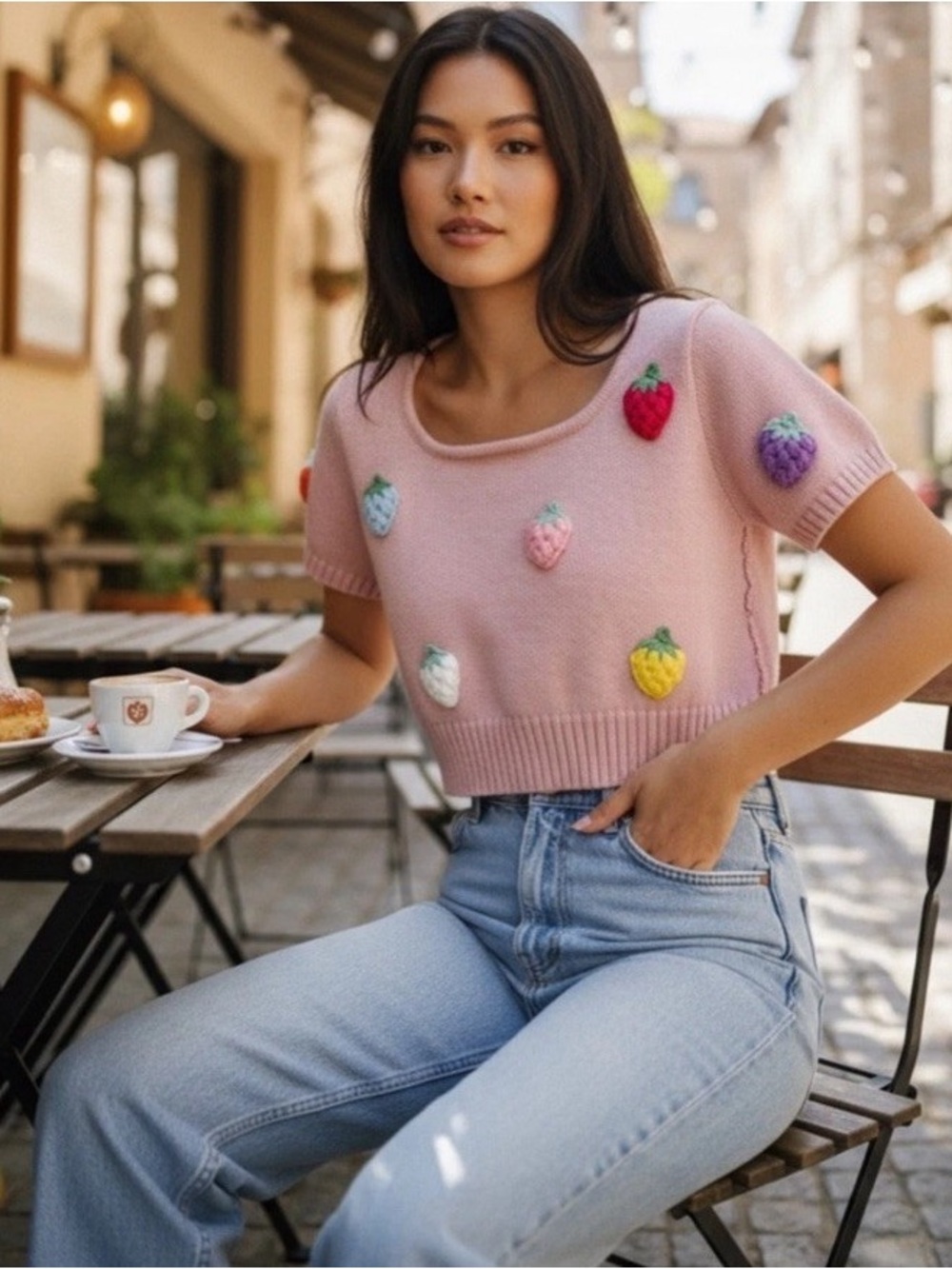 Luna‎ Ivy Anthropologie Crochet 3D Pink Strawberry Cropped Sweater Size XS